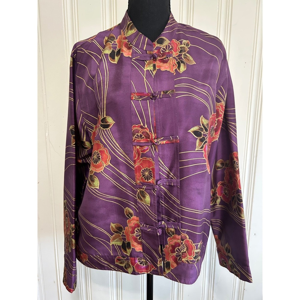 Vintage Chico's Design Purple 100% Silk Floral Asian Inspired Jacket Sz 2 (LG)